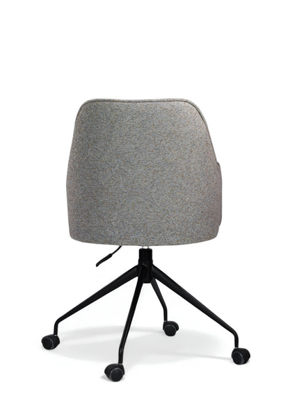 Back view of the Vaya Home Wicky swivel office chair with gray upholstery and a black rolling base.
