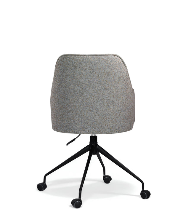 Back view of the Vaya Home Wicky swivel office chair with gray upholstery and a black rolling base.