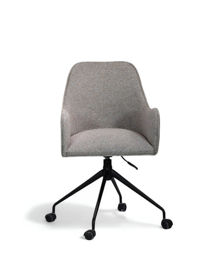 Front view of the Vaya Home Wicky swivel office chair featuring gray upholstery, curved armrests, and a black caster base.
