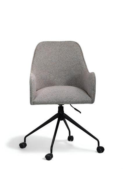 Front view of the Vaya Home Wicky swivel office chair featuring gray upholstery, curved armrests, and a black caster base.