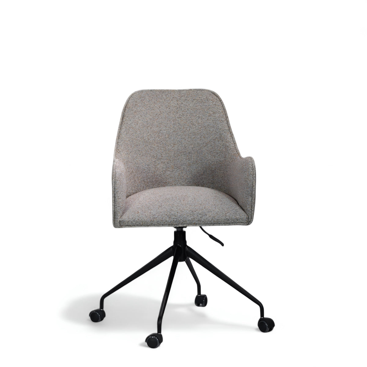 Front view of the Vaya Home Wicky swivel office chair featuring gray upholstery, curved armrests, and a black caster base.
