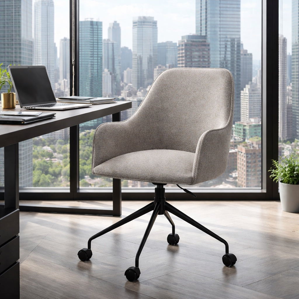 Vaya Home Wicky swivel office chair in gray upholstery, styled in a modern workspace with a black caster base.