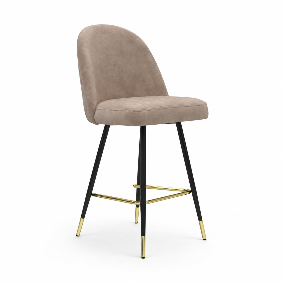 A modern bar stool with a rounded, upholstered seat and backrest in a taupe-beige fabric, supported by slim black metal legs accented with gold hardware and gold-colored foot caps, set against a plain white background.